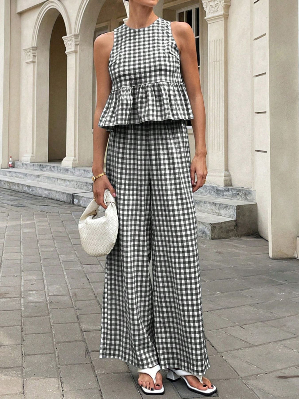 Gingham Sleeveless Top and Wide-Leg Pants Set