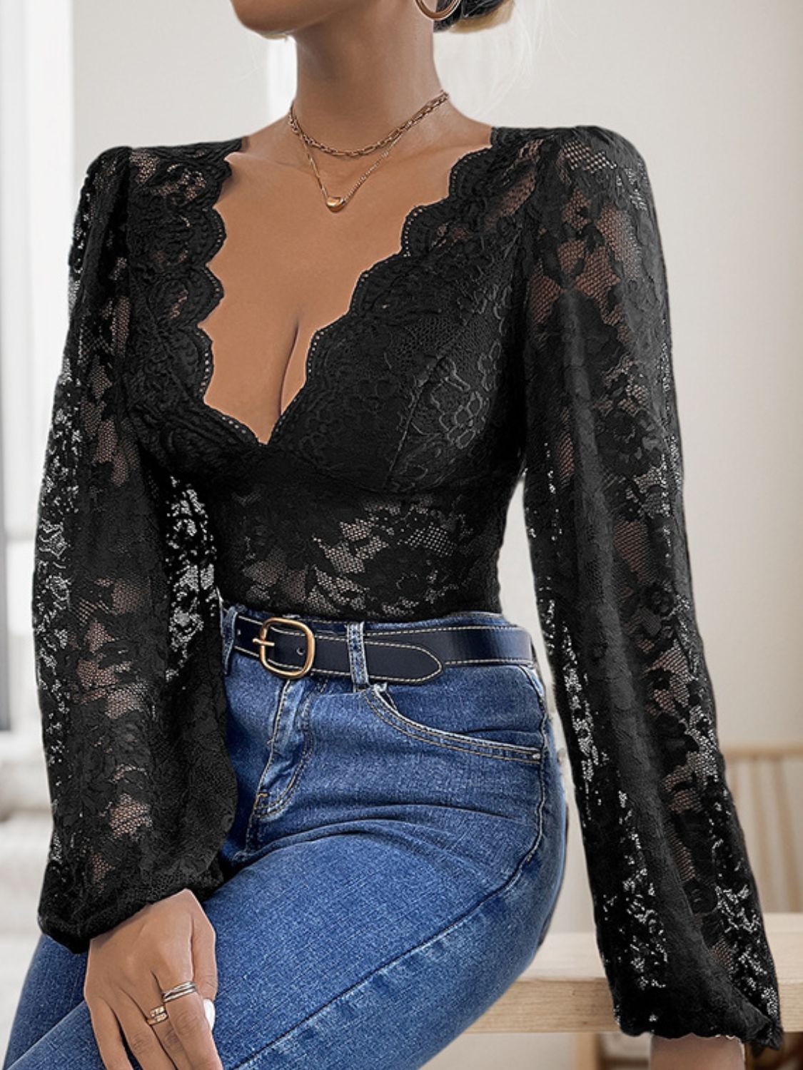 Perfee Lace Plunge Long Sleeve Bodysuit - Ladyez