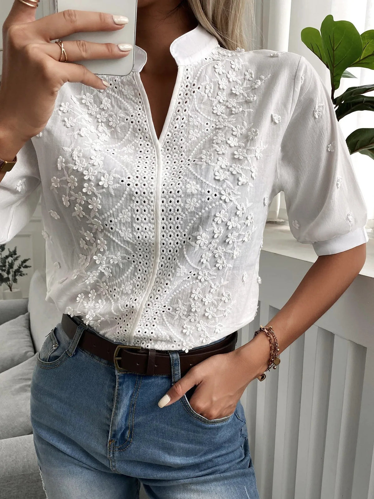 Embroidered Eyelet Notched Half Sleeve Blouse - Ladyez
