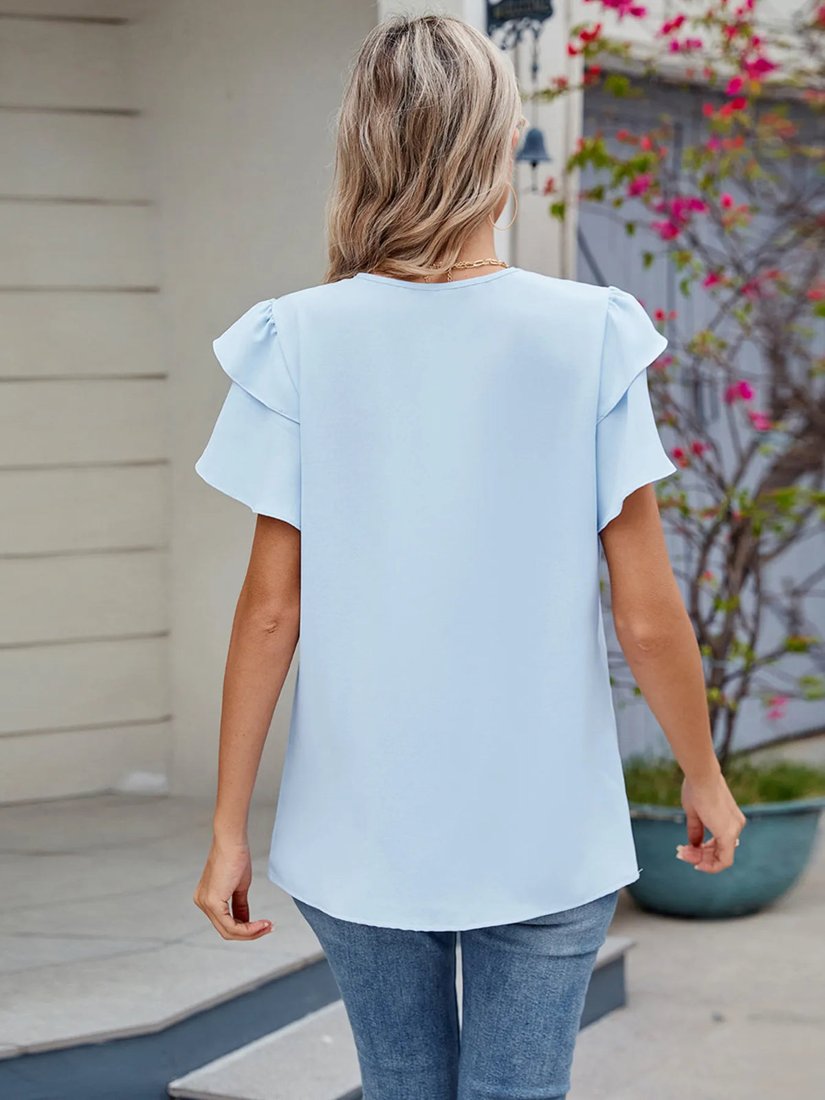 Round Neck Ruffled Layered Sleeve Blouse - Ladyez