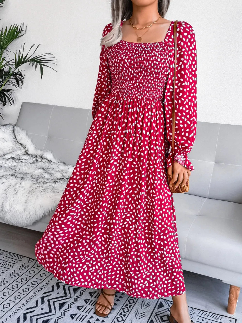 Smocked Square Neck Flounce Sleeve Dress - Ladyez