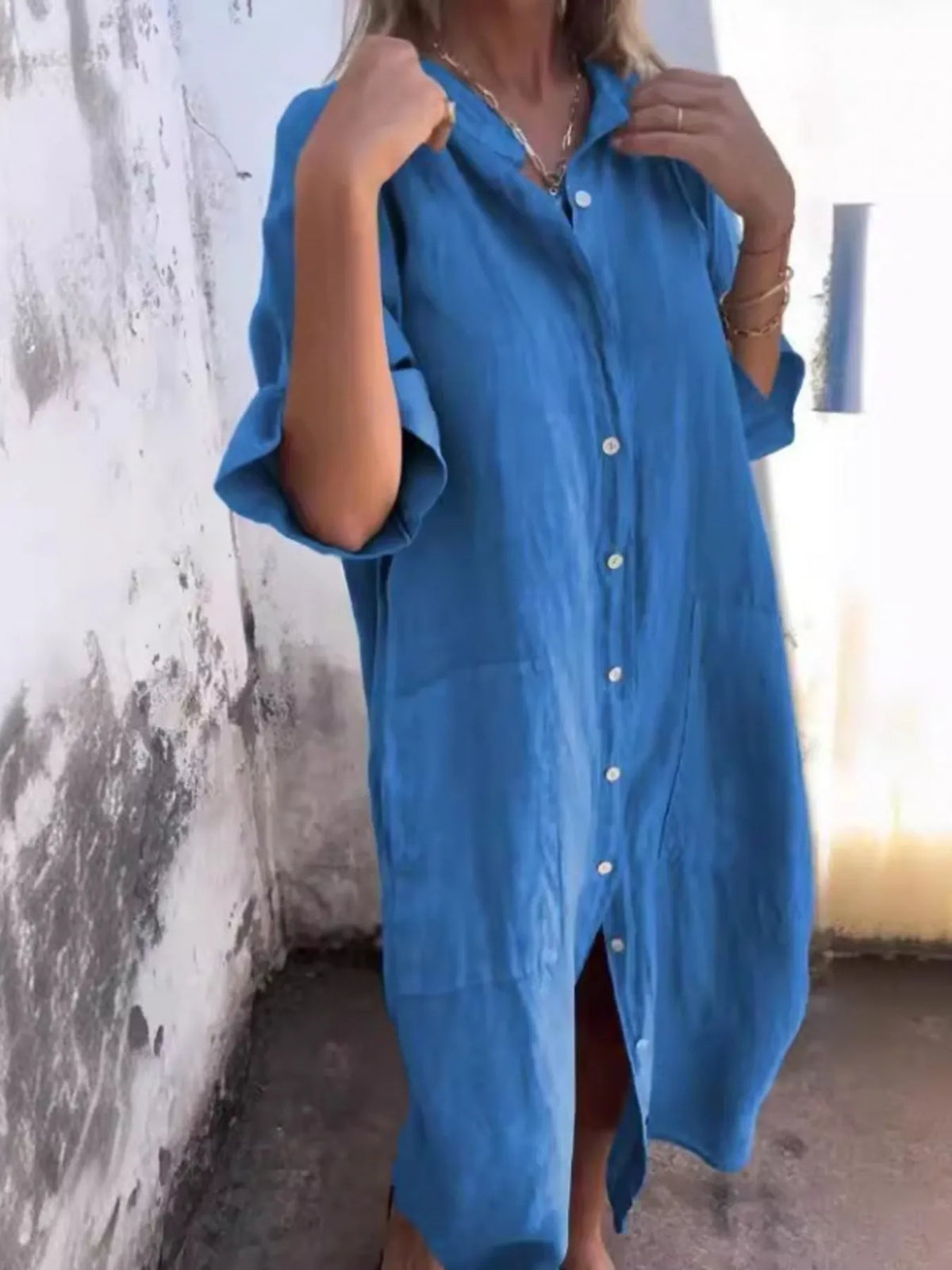 Full Size Casual Linen Button-Down Shirt Dress Plus Size - Ladyez