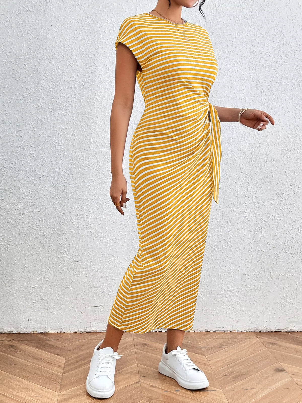 Striped Tie Side Casual Midi Dress