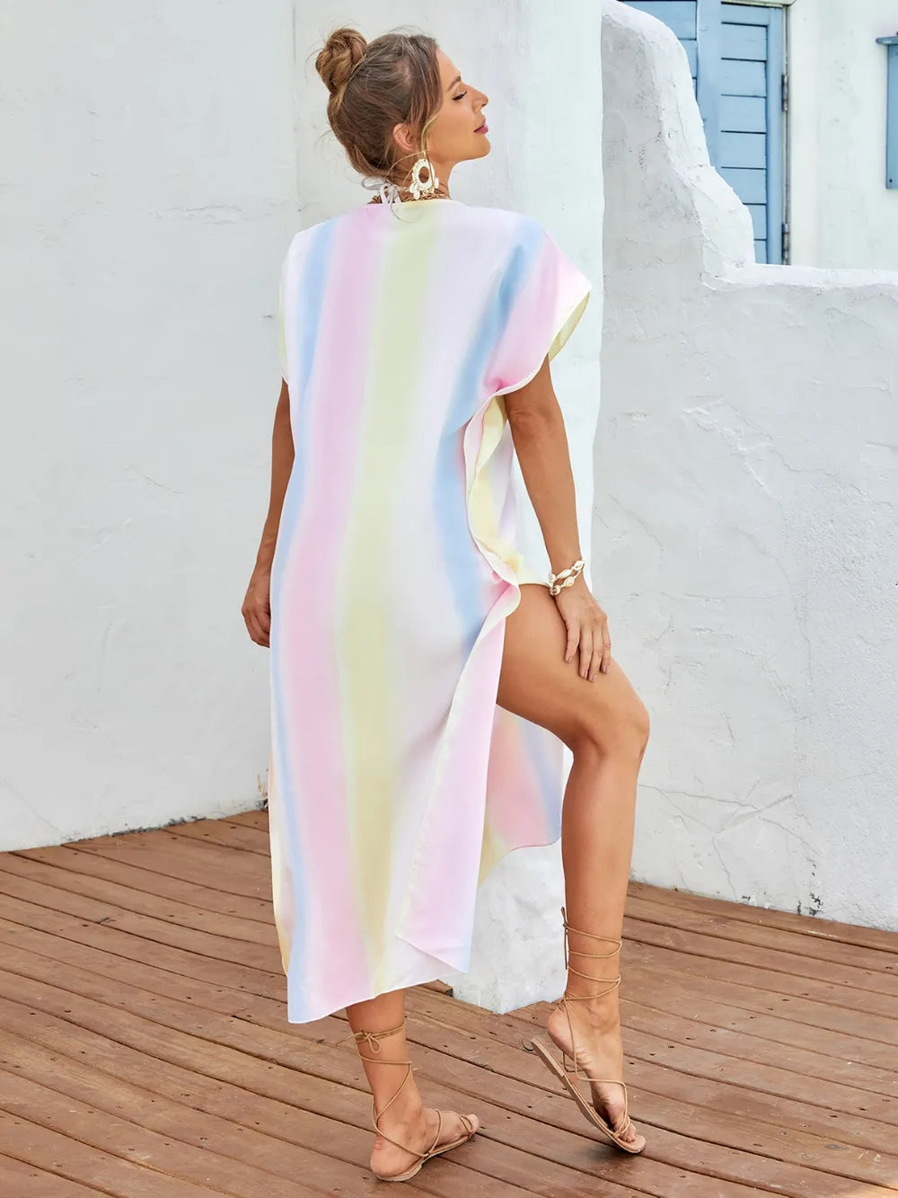 Slit Striped Notched Short Sleeve Cover Up - Ladyez