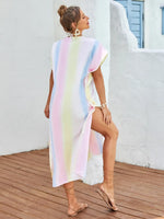 Slit Striped Notched Short Sleeve Cover Up - Ladyez