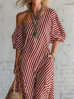 Full Size Striped One-Shoulder Casual Maxi Dress Plus Size