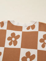 Flower Plaid Henley Baggy Sweater