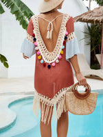 Backless Tassel Hem V-Neck Cover-Up - Ladyez