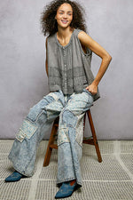 POL Button Down Round Neck Tank with Crochet Contrast