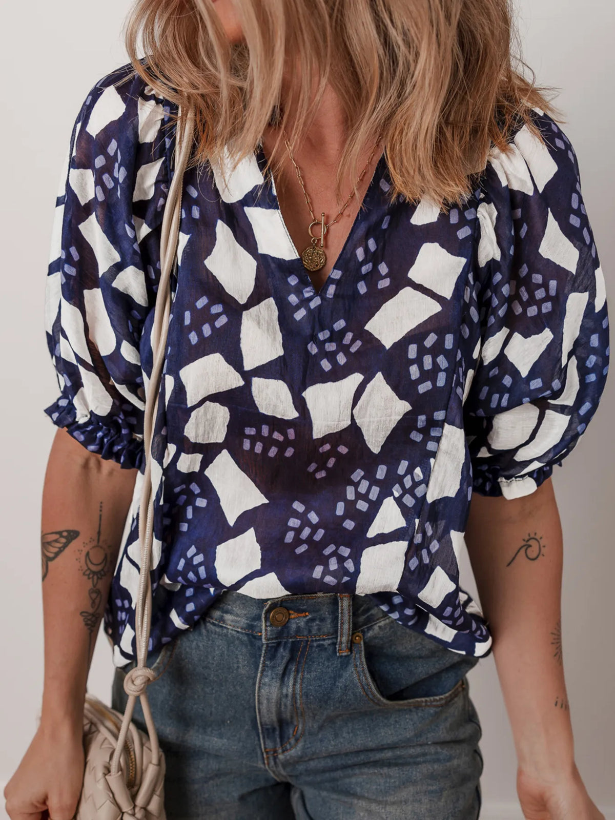 Abstract Print Frilled Puff Sleeve V Neck Blouse - Ladyez