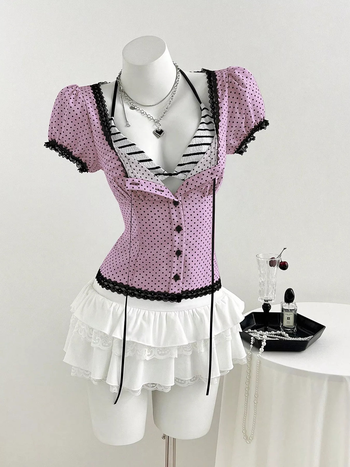 Polka Dot Lace Trim Puff Sleeve Top