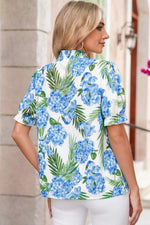 Palm Floral Print Striped Patchwork V Neck Short Sleeve Blouse