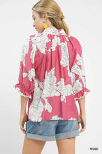 Umgee Peony Illustration Print Flounce Sleeve Blouse