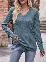 V-Neck Ribbed Knit Long Sleeve T-Shirt