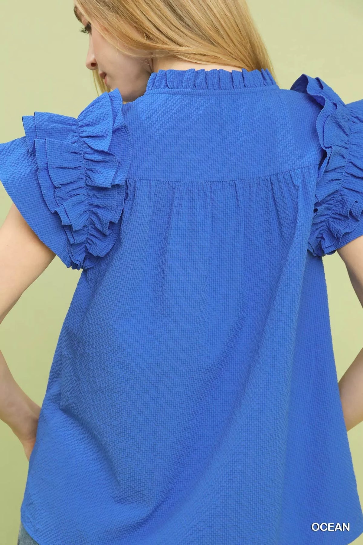 Umgee Textured Ruffle Sleeve Notched Top