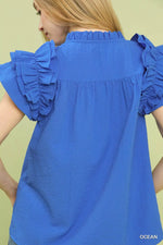 Umgee Textured Ruffle Sleeve Notched Top