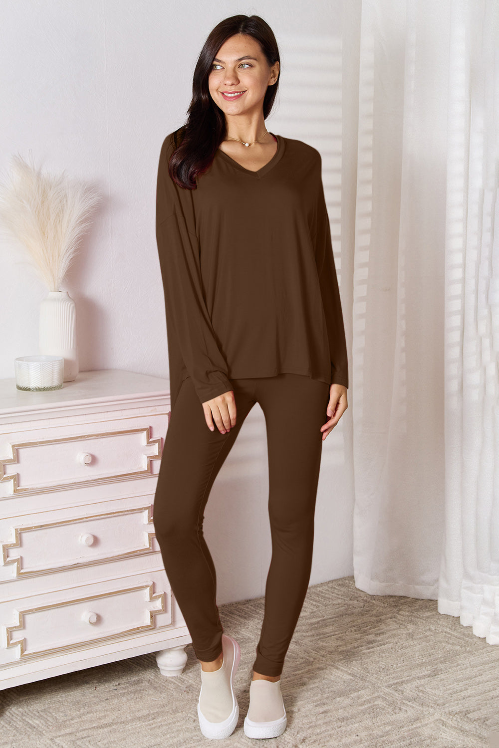 Basic Bae Full Size V-Neck Soft Rayon Long Sleeve Top and Pants Lounge Set - Ladyez