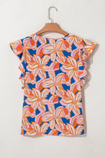 Flower Print Notched Neck Ruffle Sleeve Blouse