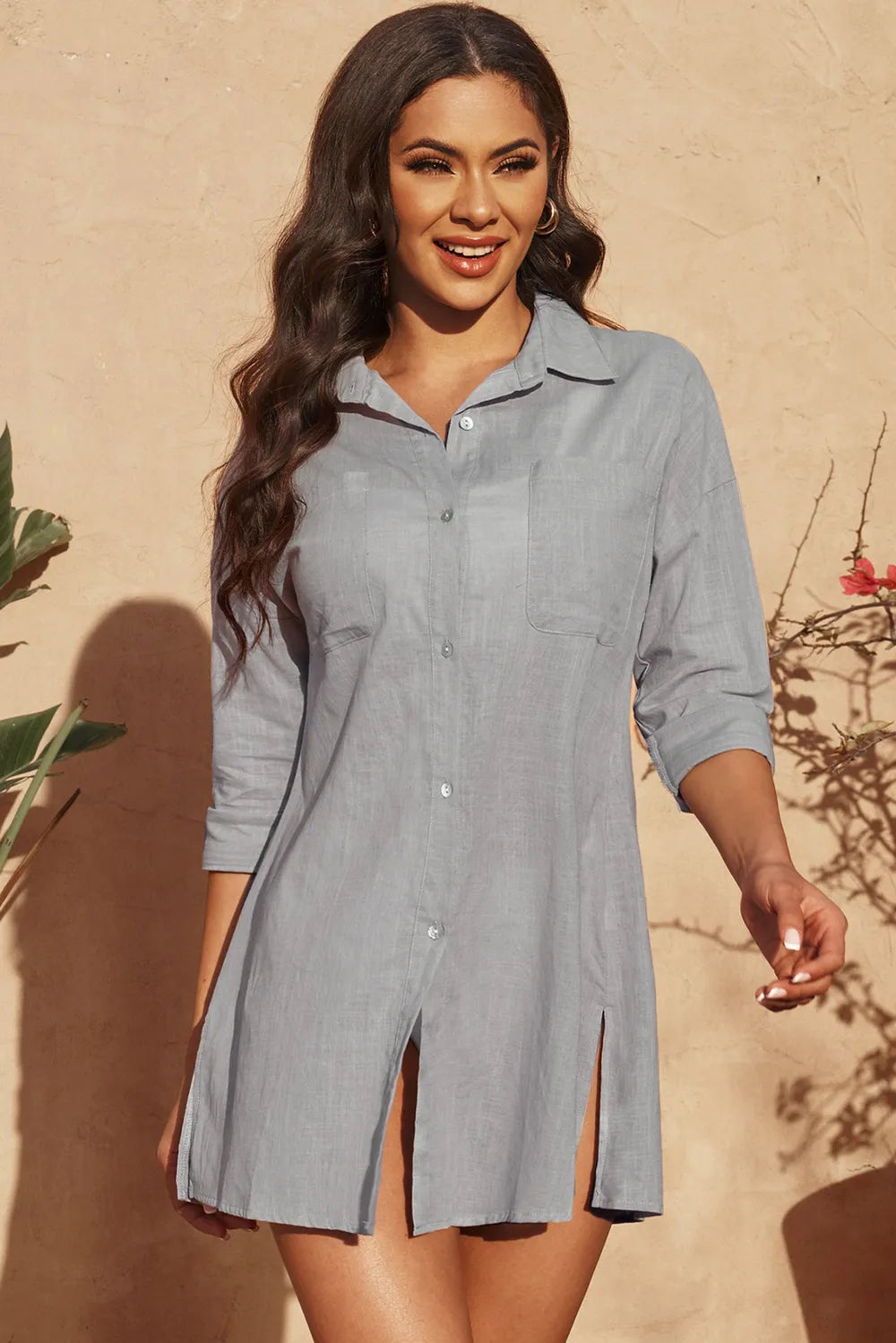 Button-Up Longline Shirt with Breast Pockets - Ladyez