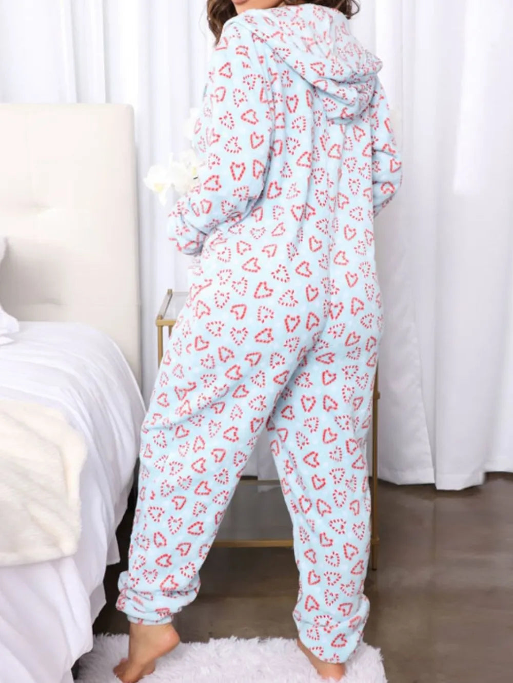 Printed Zip Up Long Sleeve Hooded Lounge Jumpsuit - Ladyez