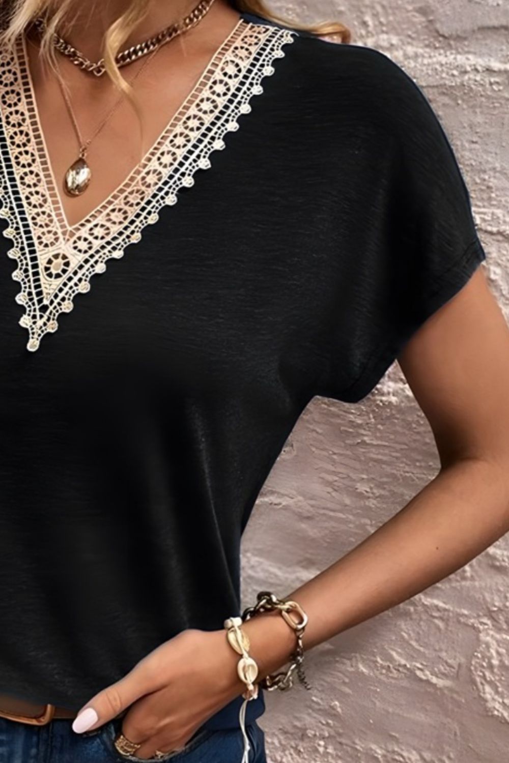 Full Size Lace Detail V-Neck Short Sleeve T-Shirt - Ladyez