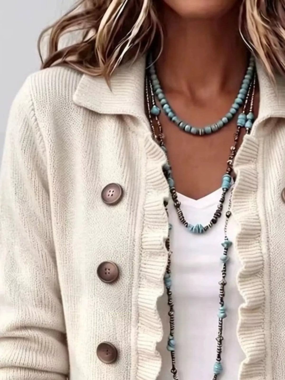 Full Size Ruffled Trim Decorative Button Cardigan Plus Size