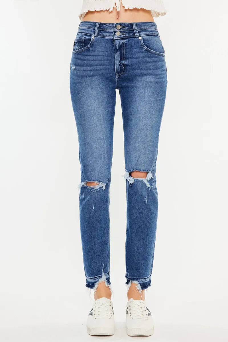 Kancan High Rise Distressed Slim Straight Jeans - Ladyez