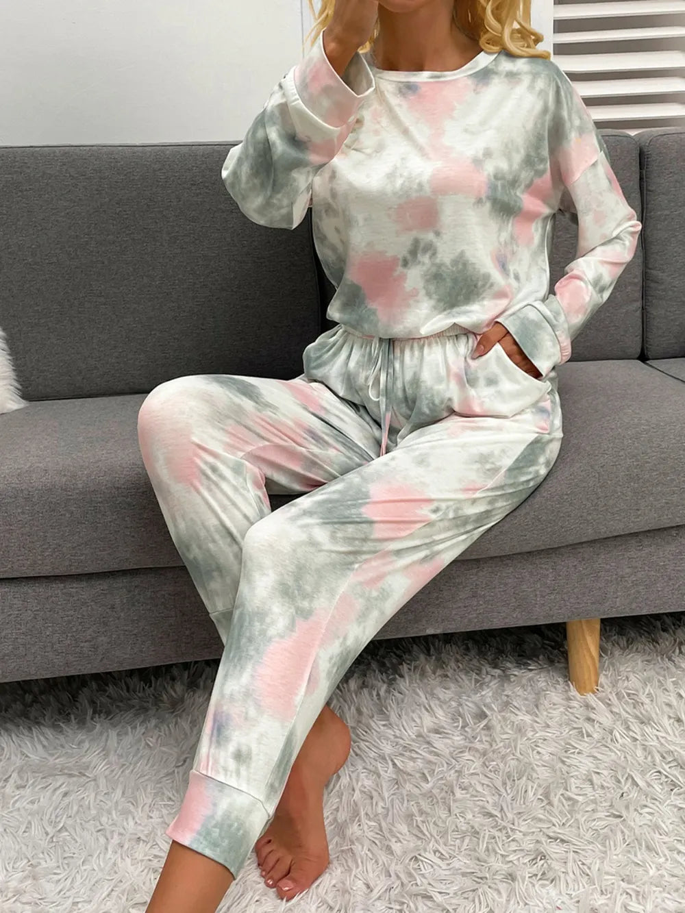 Shiny Tie-Dye Round Neck Top and Drawstring Pants Lounge Set - Ladyez
