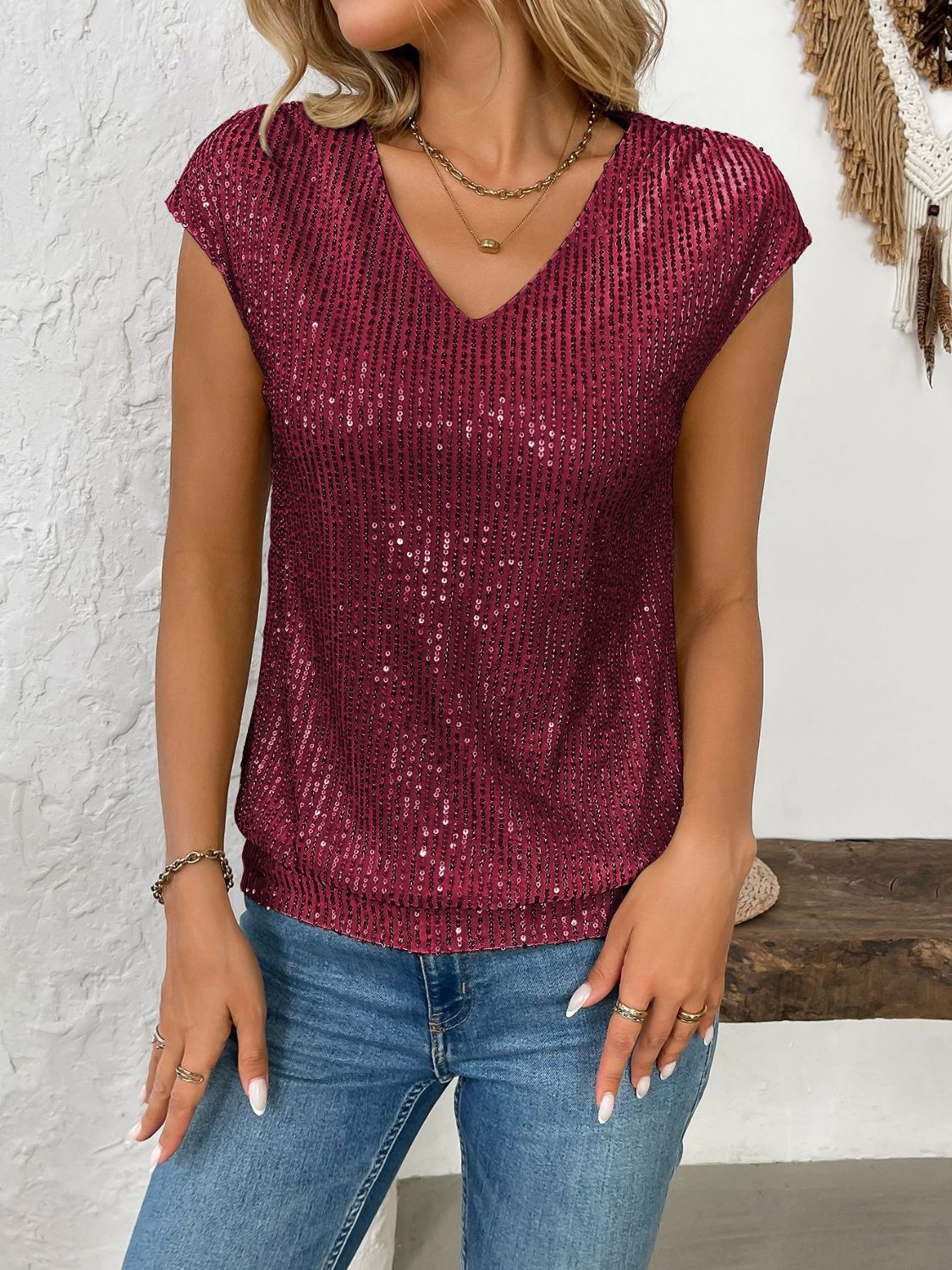 Sequin V-Neck Cap Sleeve Top - Ladyez