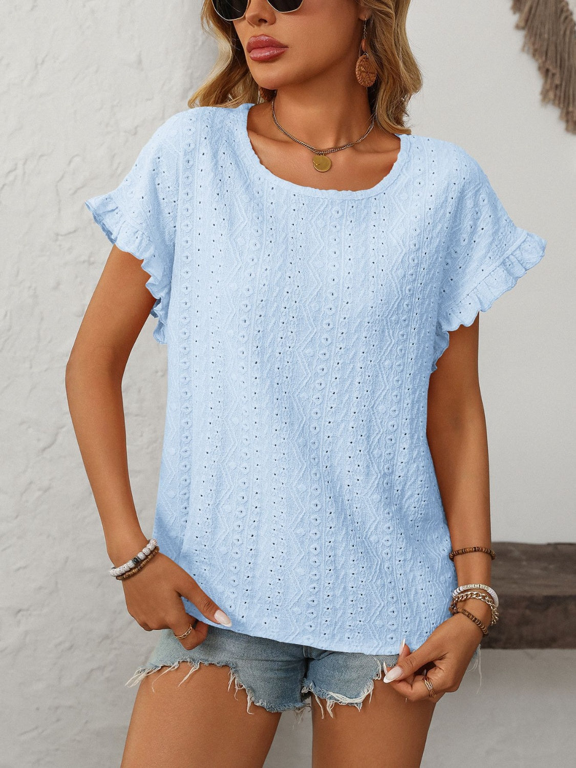 Mandy Eyelet Round Neck Short Sleeve Top - Ladyez