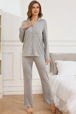 Button Up Long Sleeve Top and Pants Lounge Set - Ladyez