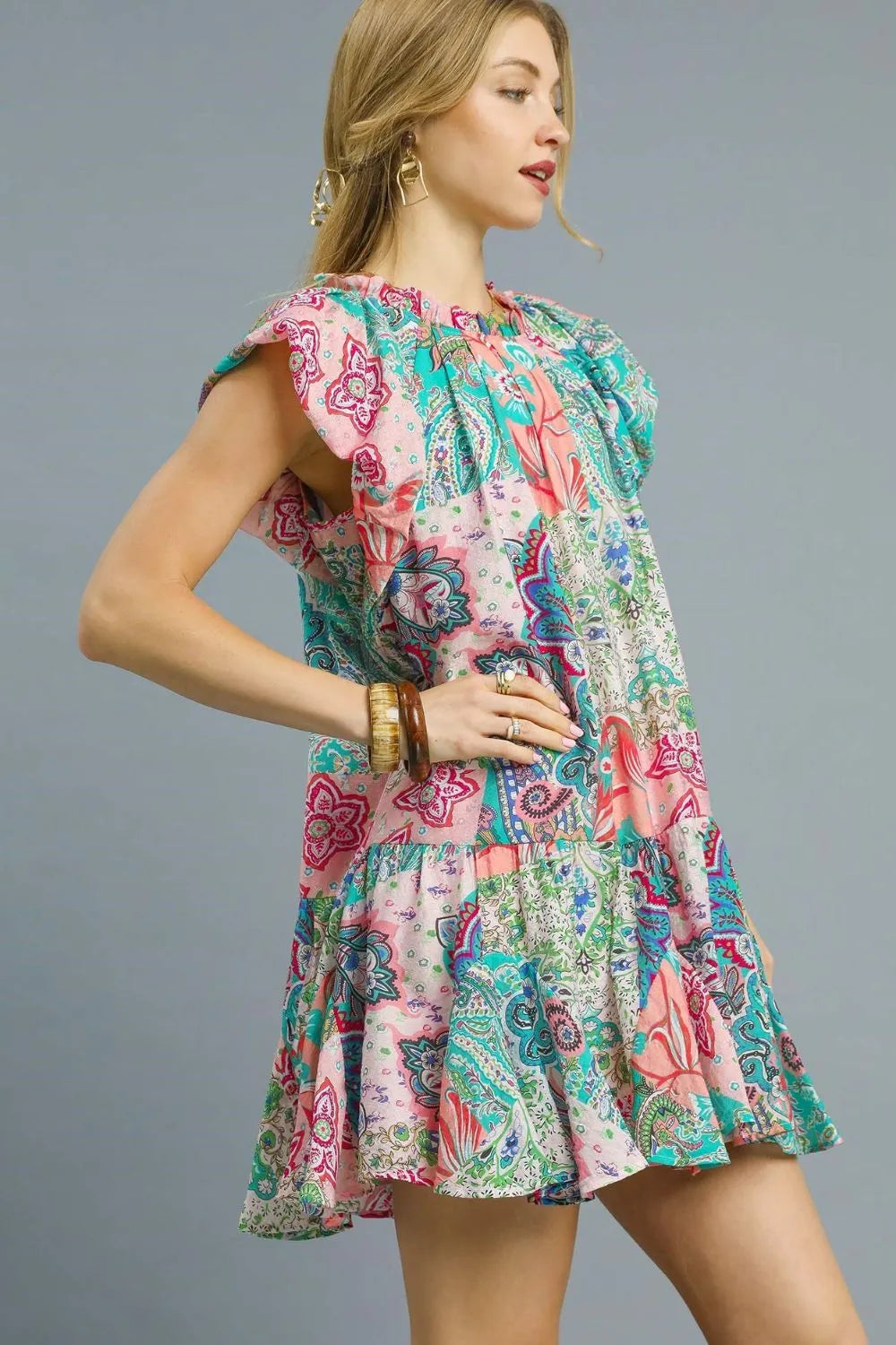 Umgee Printed Ruffle Cap Sleeve Mini Dress