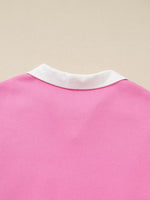 Plus Size Contrast Polo Collar Floral Patchwork Elastic Cuffs Long Sleeve Top