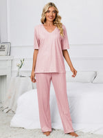 Printed V-Neck Top and Pants Lounge Set - Ladyez
