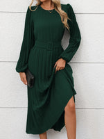 Pleated Round Neck Long Sleeve Dress