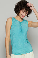 POL Half Button Round Neck Washed Tank - Ladyez