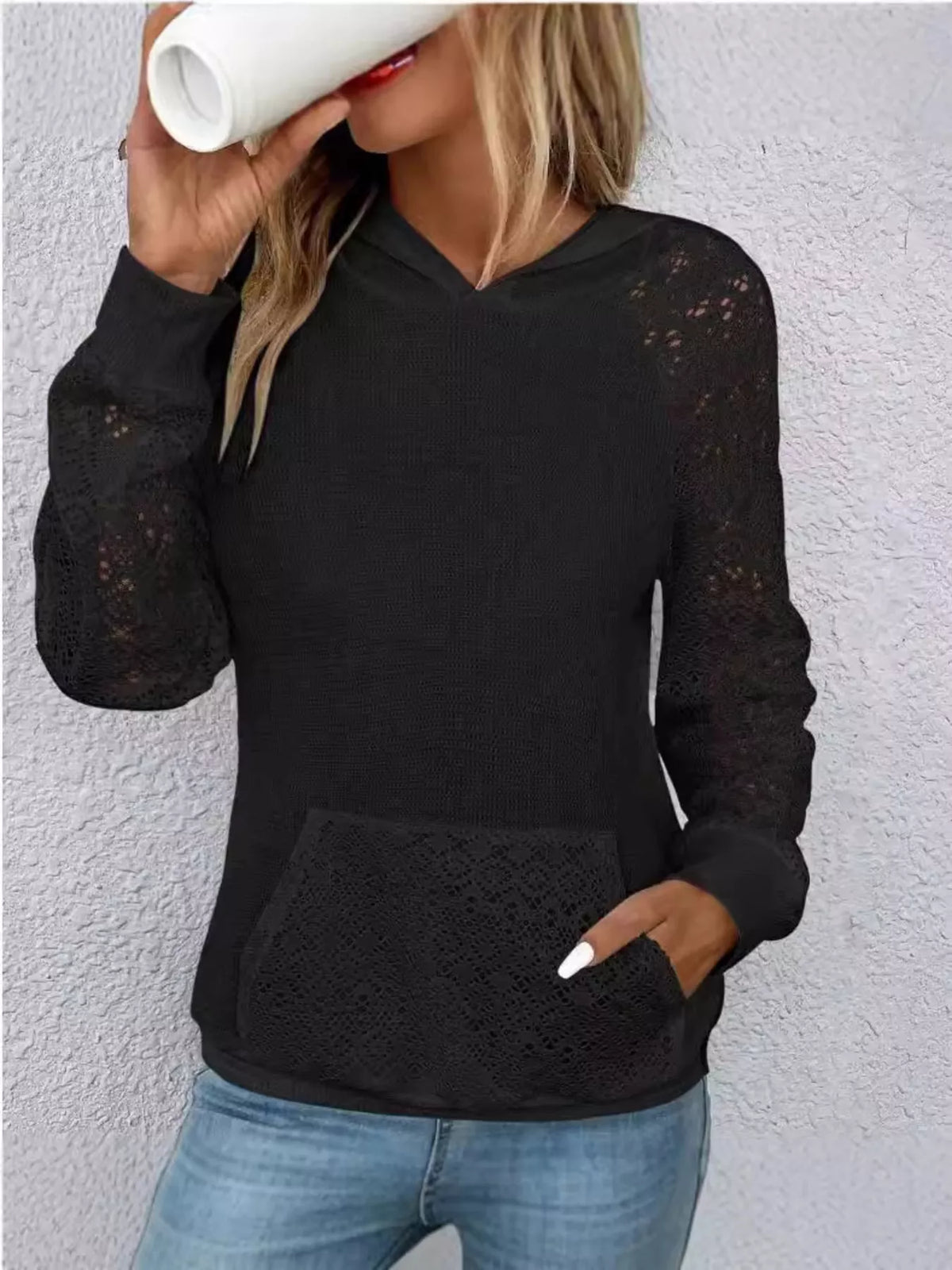 Lace Sleeve Kangaroo Pocket Hoodie