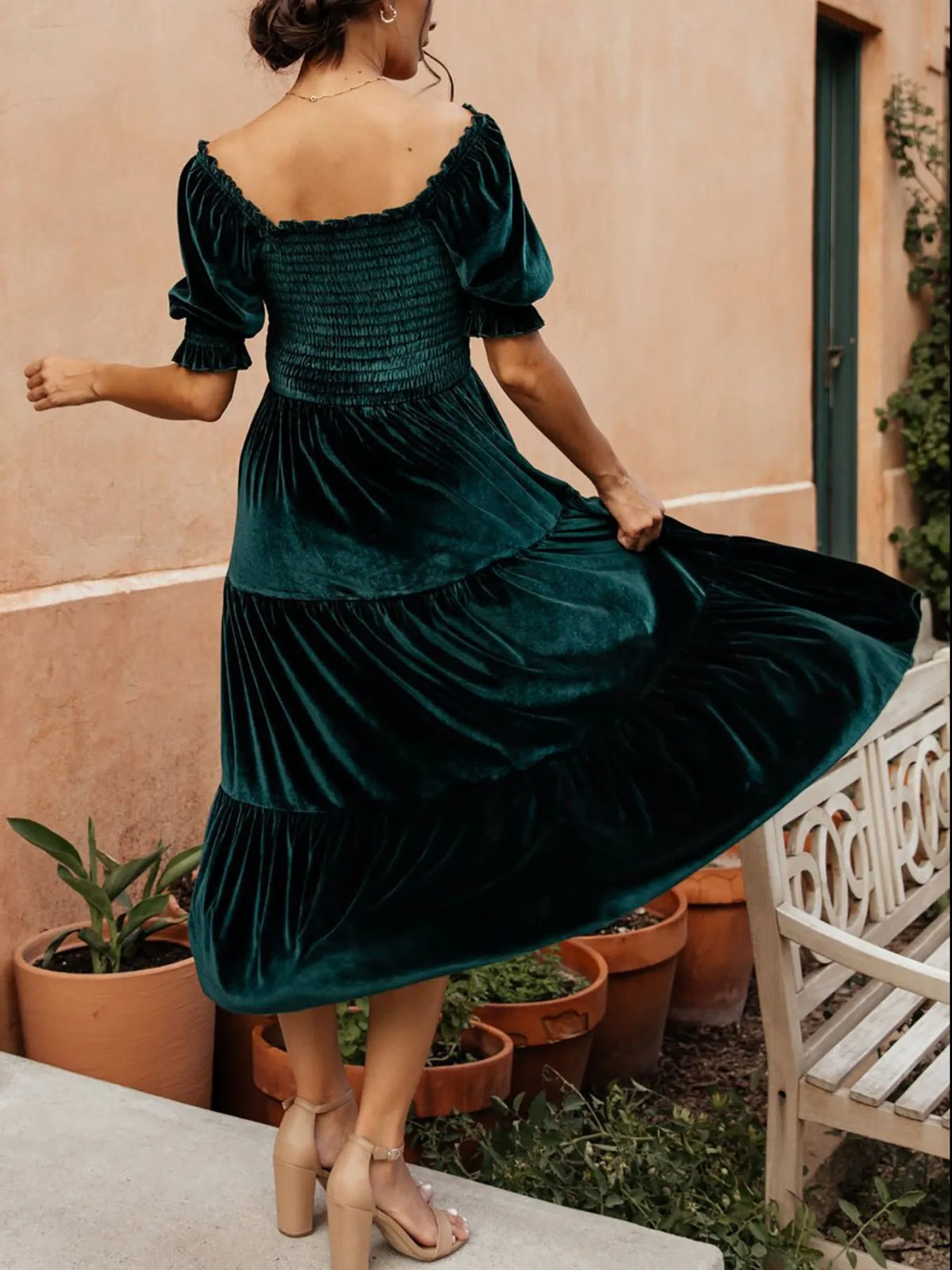 Smocked Half Sleeve Tiered Midi Dress - Ladyez