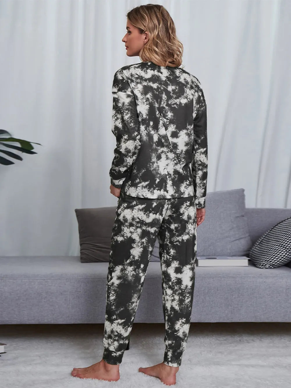 Shiny Tie-Dye Round Neck Top and Pants Lounge Set - Ladyez