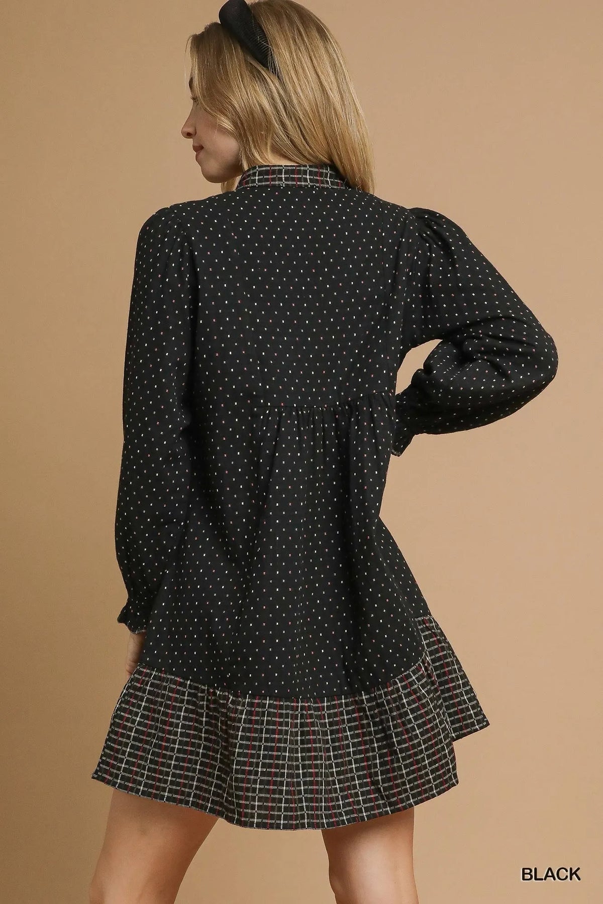 Umgee Polka Dot Plaid Trim Babydoll Dress