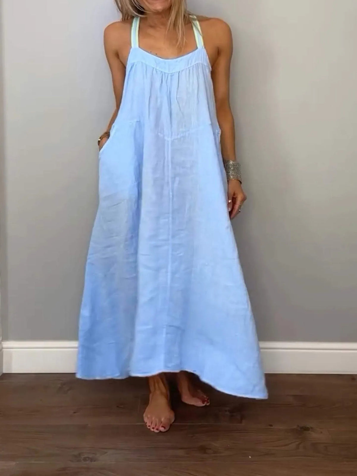 Full Size Ruched Cami Maxi Dress with Pockets Plus Size - Ladyez