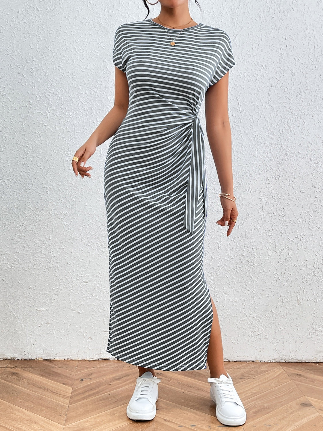 Honey Tied Striped Round Neck Short Sleeve Tee Dress - Ladyez