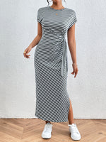 Honey Tied Striped Round Neck Short Sleeve Tee Dress - Ladyez