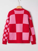 Checkerboard Knit Button-Down Cardigan