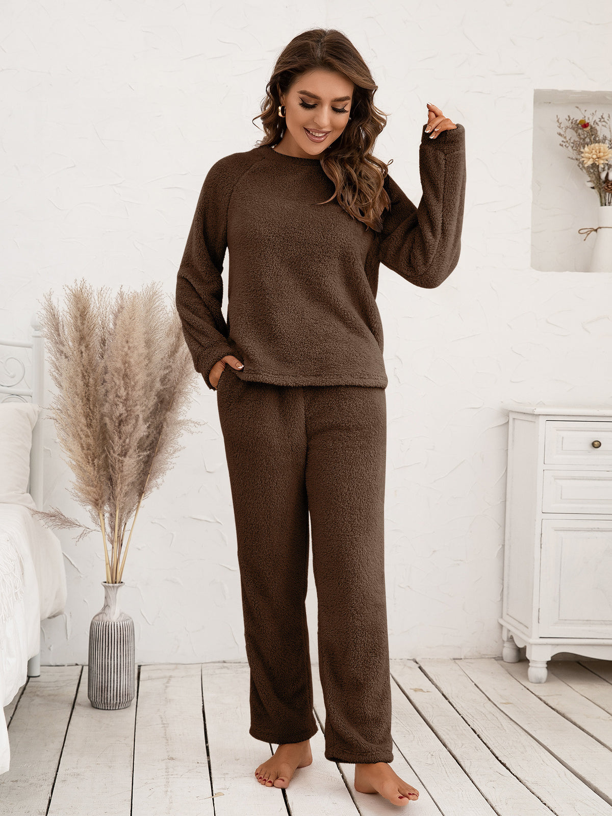 Ivy Lane Teddy Long Sleeve Top and Pants Lounge Set - Ladyez