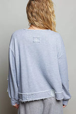 POL Exposed Outseam Crochet Patch V-Neck Sweatshirt with Open Wrap-Style Design