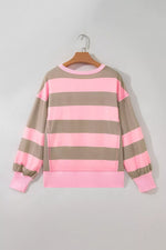 Striped Colorblock Patch Pocket Split Hem Oversized Long Sleeve Sweatshirt