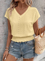 Eyelet V-Neck Short Sleeve Blouse - Ladyez