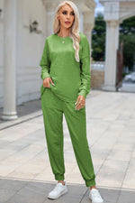 Round Neck Top and Drawstring Pants Lounge Set - Ladyez
