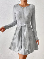 Ribbed Knit Tie Waist Long Sleeve Casual Dress